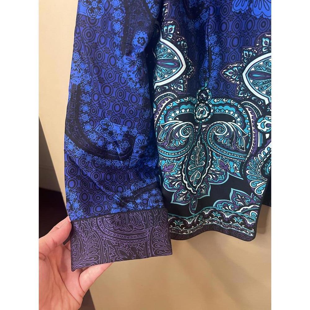 Coldwater Creek Blue Patterned Open Front Cotton Blazer Jacket Size 14 Petite - Picture 4 of 11